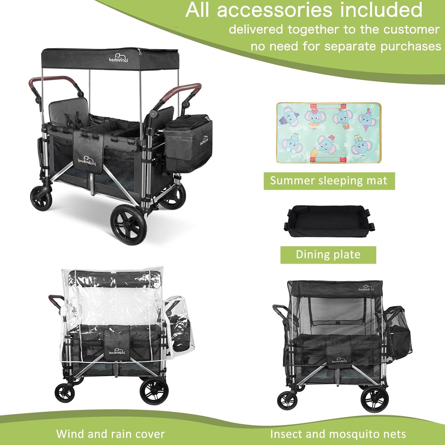 Stroller Wagon for 2 Kids, Wagon Cart Featuring 2 High Seat with 5-Point Harnesses and Adjustable Canopy, Foldable Push-Pull Rod for Garden, Camping, Grocery Cart