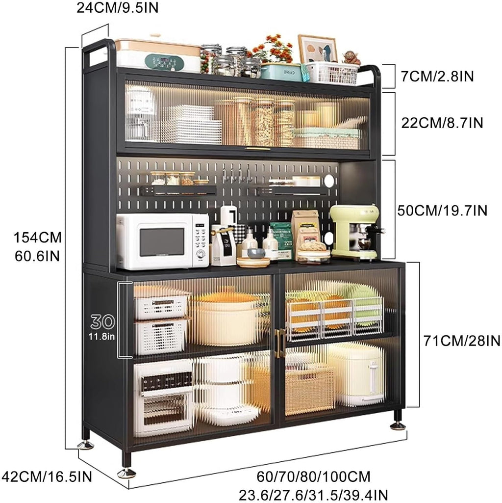 5-Tier Kitchen Baker's Rack with Flip Doors, Pegboards, Pull-Out Drawer & Wheels, Large Metal Storage Shelves