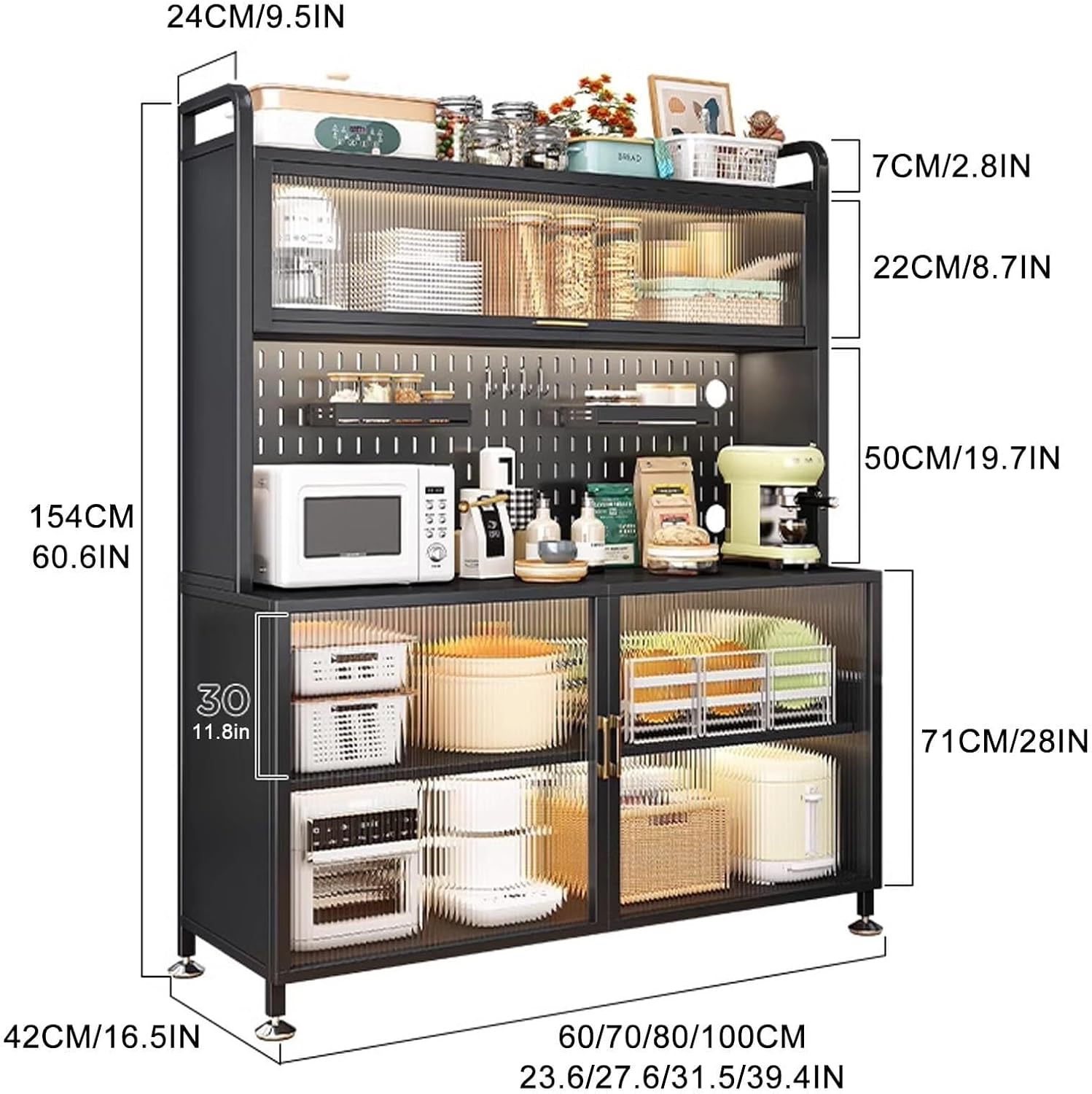 5-Tier Kitchen Baker's Rack with Flip Doors, Pegboards, Pull-Out Drawer & Wheels, Large Metal Storage Shelves