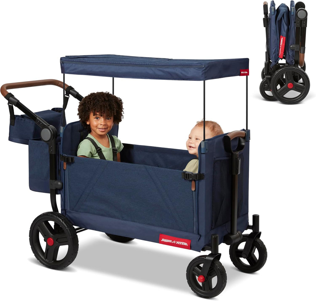 Radio Flyer Atlas Stroll 'N Wagon, Navy Blue, For Ages 1+, 3-in-1 Push or Pull Versatility, One-Hand Fold, UV Canopy, 5-Point Harnesses, Storage Capabilities, Rubber Wheels, Stroller Wagon for Kids
