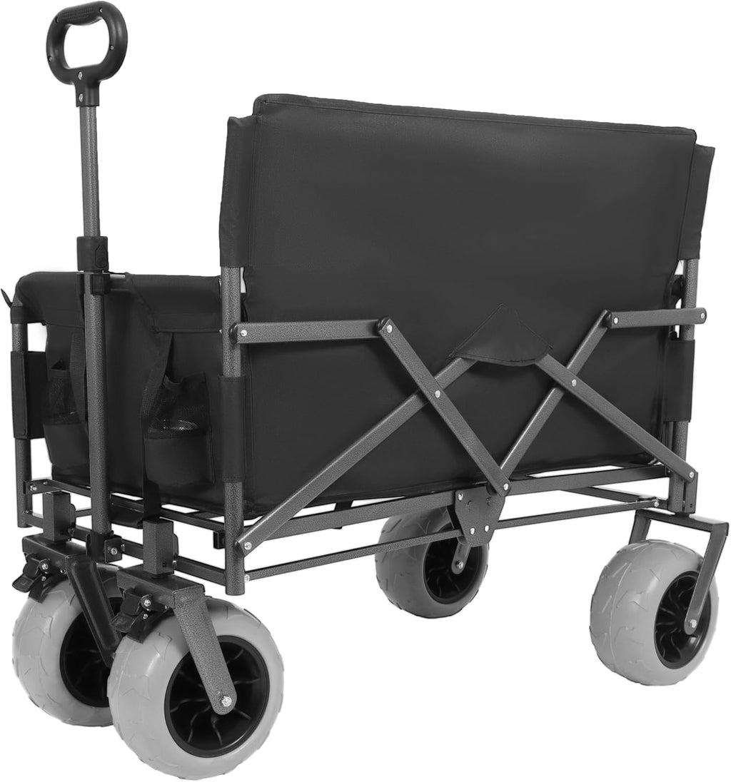 3-in-1 Foldable Wagon Cart with All-Terrain 9'x4' Beach Tires–Collapsible Wagon Design,Rear-Mounted Folding Tabletop&Convertible Bench Seat,Utility Wagon | Beach Cart with Drink Holders (Black)