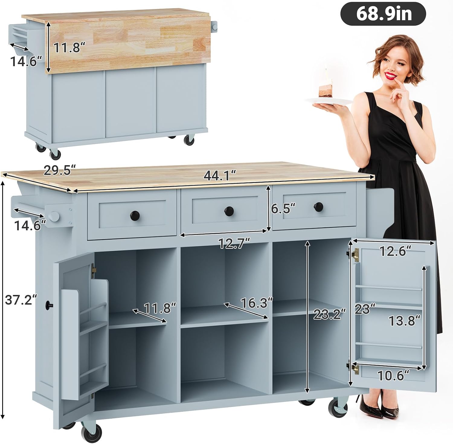 Rovibek Kitchen Island with Drop Leaf 53in Rolling Kitchen Island On Wheels with Storage Mobile Kitchen Island Cart Portable with Drawer and Storage Cabinet, Spice Rack, Towel Rack, Grayish Blue