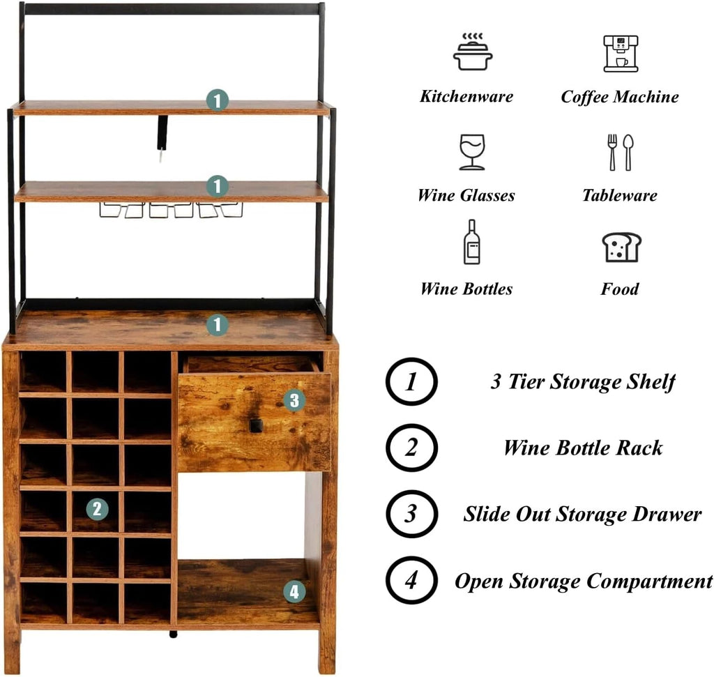 Kitchen Bakers Rack Pantry Microwave Stand Storage Cabinet Freestanding 18 Bottles Wine Rack with 6 Wine Glasses Holder Designed with 3 Tiers Shelf Drawer Bottom Open Compartment Anti-Toppling Design