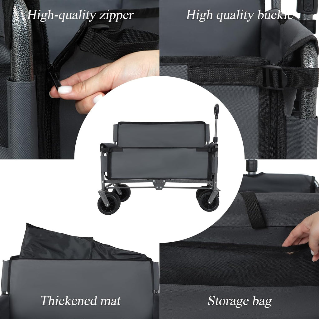 Convertible Folding Wagon Cart, 500lbs Heavy-Duty Utility Wagon with Bench Seat & Storage, 180L Capacity, All-Terrain Wheels for Camping, Beach, Sports, Garden