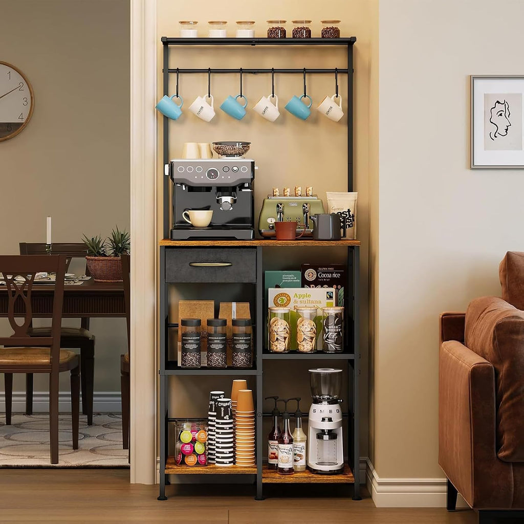 Vertical 5-Storey Kitchen Baker's Rack Storage Rack, Household Microwave Oven Rack with Drawers and Six Hooks for Spices, Pots,A