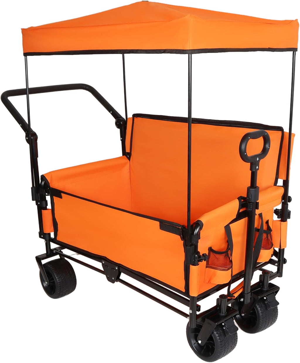 3-in-1 Heavy-Duty Folding Wagon Cart with Bench Seat, UV Canopy & 180L Storage – 500lbs Capacity All-Terrain Utility Cart for Camping, Beach, Sports & Garden (Orange)
