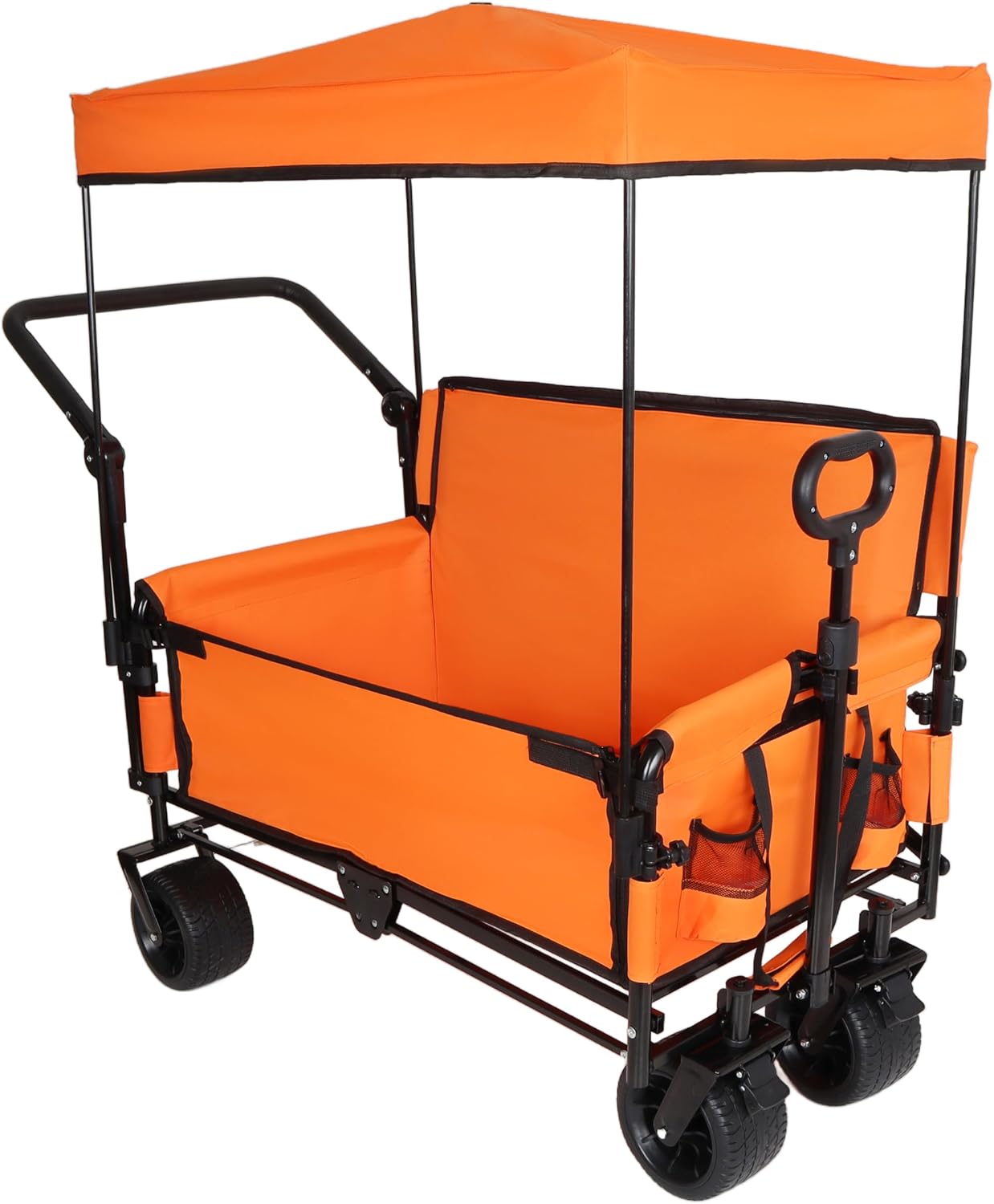 3-in-1 Heavy-Duty Folding Wagon Cart with Bench Seat, UV Canopy & 180L Storage – 500lbs Capacity All-Terrain Utility Cart for Camping, Beach, Sports & Garden (Orange)