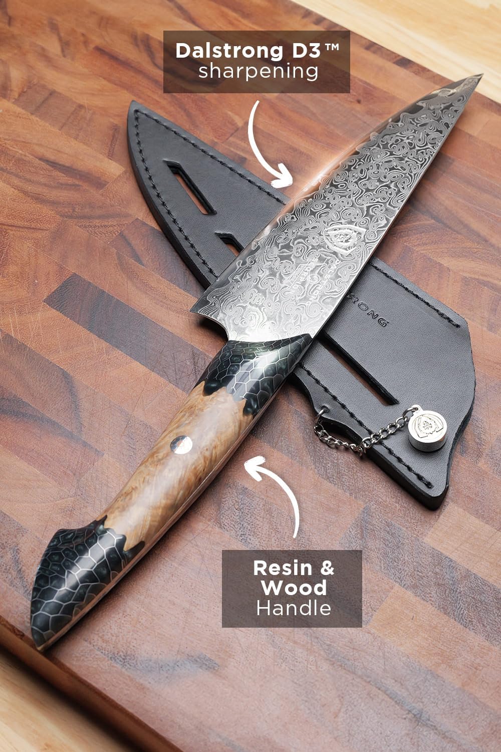 Dalstrong Chef Knife Professional- 8'-Scorpion Series - Venom Edition - Japanese Steel Chef Knife - Spiral Sandstorm Blade Pattern - Black Honeycomb Resin Handle - w/Chef Knife Leather Sheath