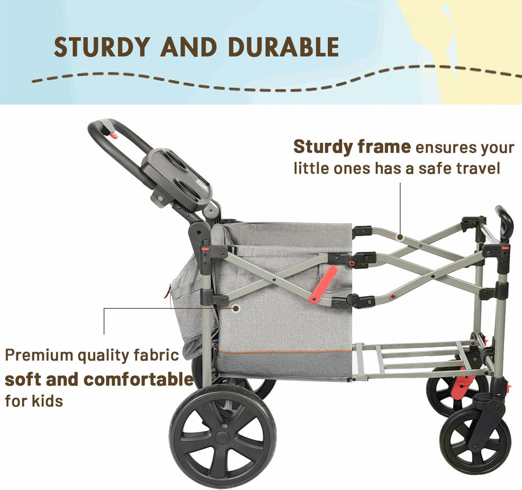 Busy Bee Foldable Wagon Stroller for 2 Kids, Push Pull Collapsible Kids Wagon with Adjustable Handle Bar, Removable Canopy, 5-Point Harness, Shock-Absorbing Wheels, Grey