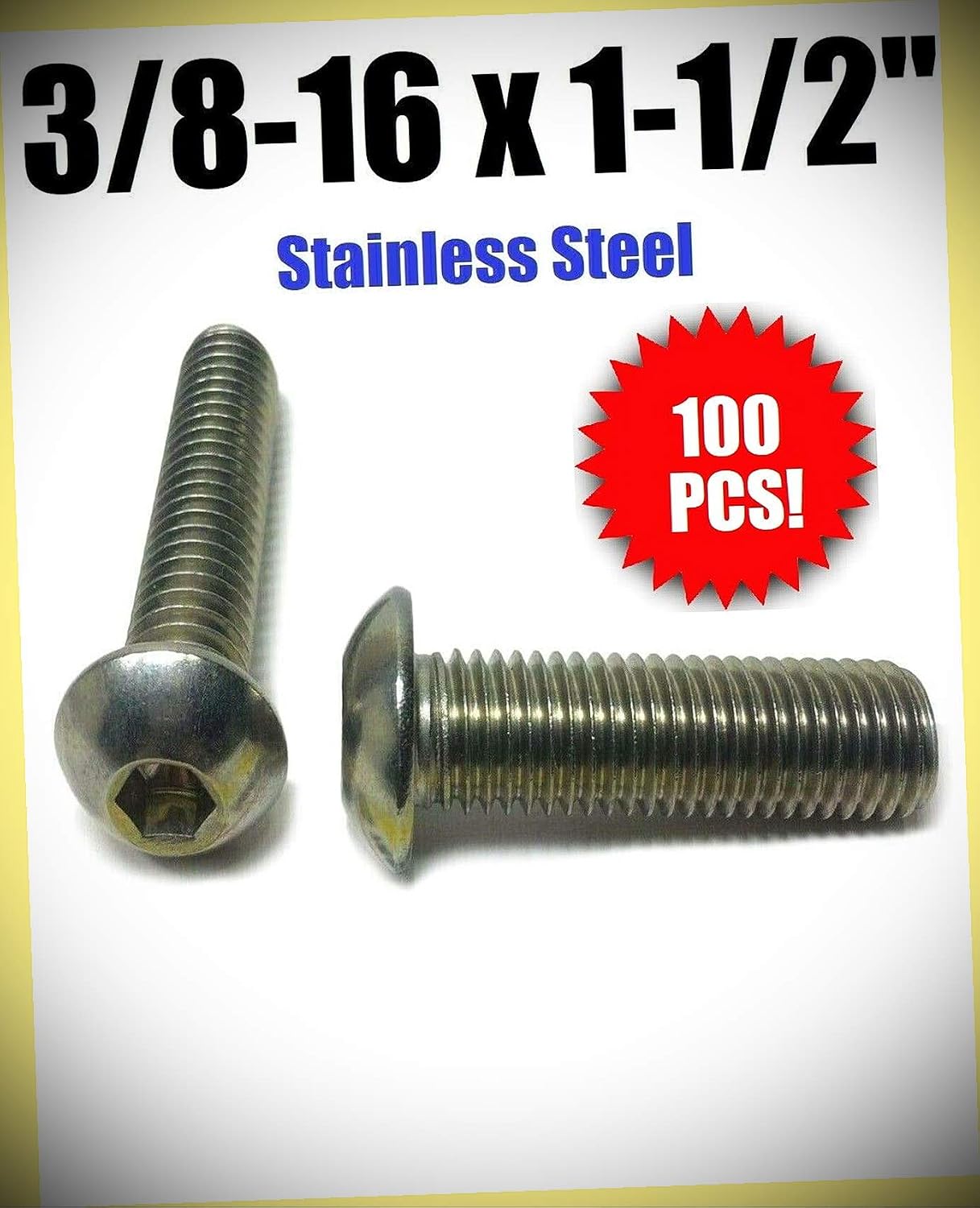 Package of 100 (pcs) 3/8-16 x 1 1/2' Button Head Socket Cap Screw Stainless Steel Screws Set #RD-3414FST Warranity by Pr-Mch
