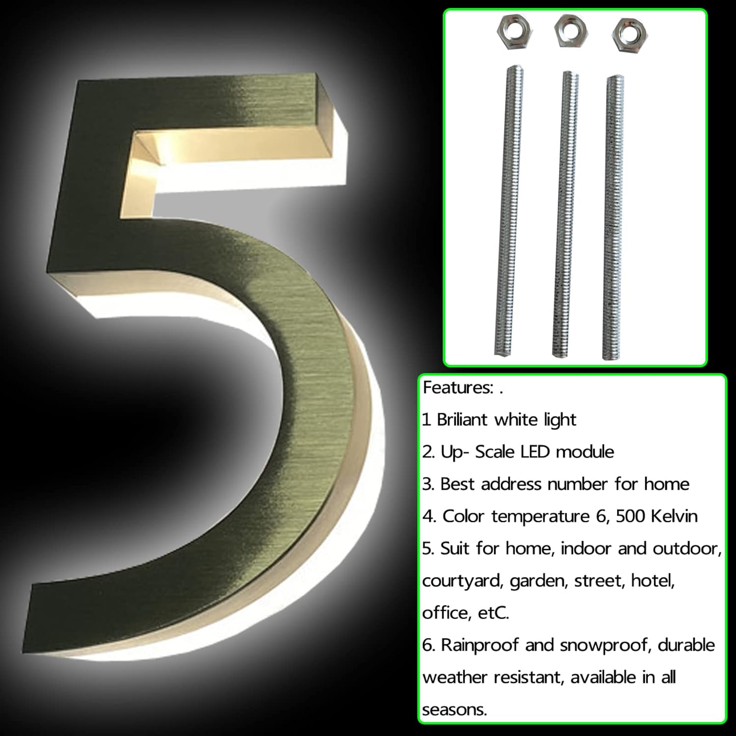 Address Numbers LED, Backlit Floating LED Home Address Numbers, Brushed Gold Finish, Stainless Steel Lighted House Number For Outdoor, Modern, Warm Light,18 Inch,A