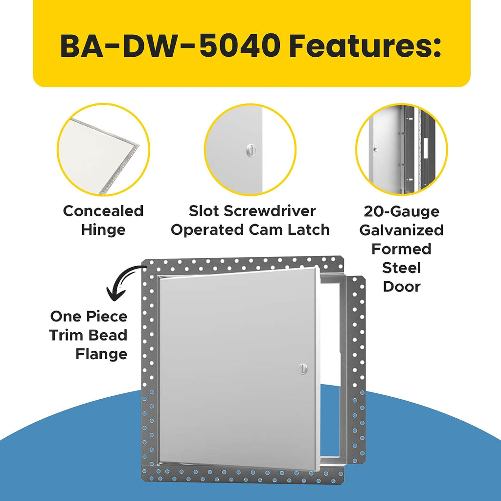 Best 14' x 14' Flush Metal Access Panel with Bead Flange, 20-Gauge Steel Access Door with Concealed Hinges, Drywall Panel for Ceilings & Walls, Screwdriver Cam Latch, White Polyester Coat, BA-DW-5040