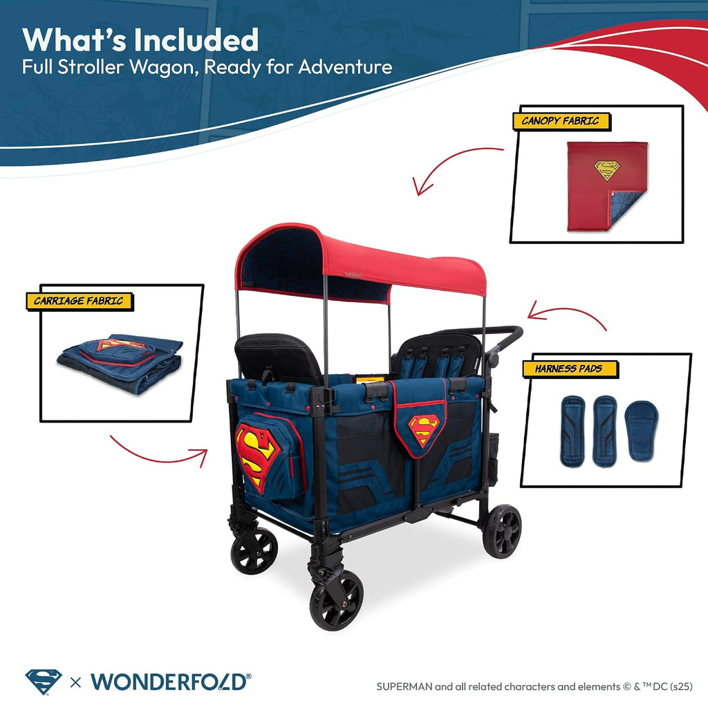 WONDERFOLD W4 Elite Pro Special Edition Superman Stroller Wagon (4 Seater) - Collapsible Wagon Stroller with Seats with 5-Point Harnesses, Easy Access Zipper Door, and Removable Sun Canopy
