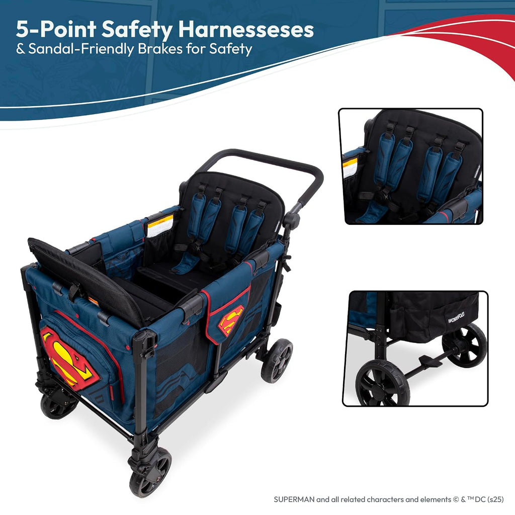 WONDERFOLD W4 Elite Pro Special Edition Superman Stroller Wagon (4 Seater) - Collapsible Wagon Stroller with Seats with 5-Point Harnesses, Easy Access Zipper Door, and Removable Sun Canopy