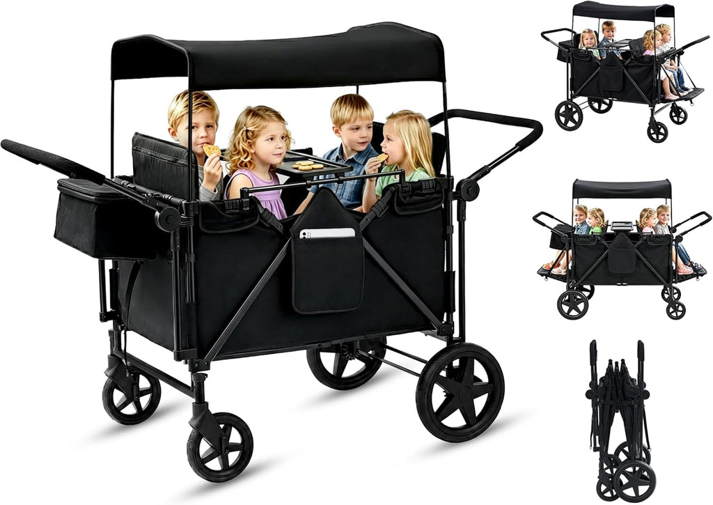 Stroller Wagon for 4 Kids, 4 Seater Wagon Stroller with Convertible Seats Footrests, Snack Tray, Storage Bag, Removable Canopy, Wagon Stroller 4 Seater with Double Push Handle (Black-Convertible)