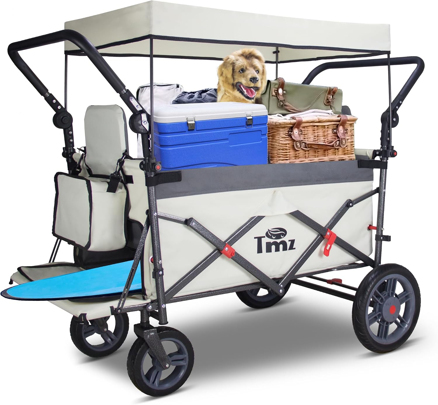 TMZ Collapsible Wagon with 2 Foldable Seats, Folding Wagon with Canopy, Multi Functional Cart with Adjustable Handle Bar, Front Expandable for Transport Camping (Grey/Beige)