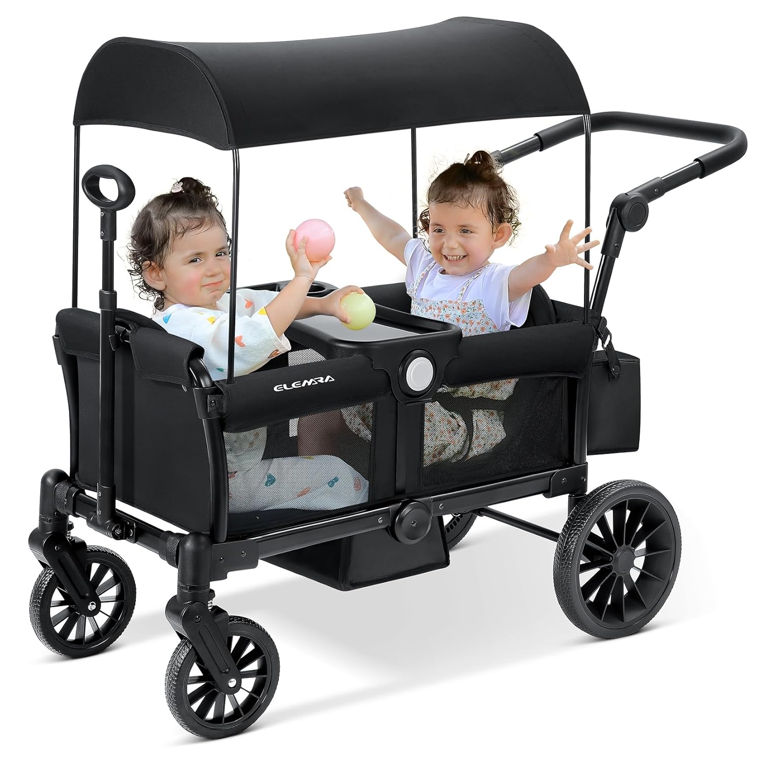 ELEMARA Wagon Stroller for 2 Kids, Premium All-Terrain Stroller with Canopy, Adjustable Push/Pull Handle Bar, Comfortable drop-down footwell and Upholstered Seats, Black