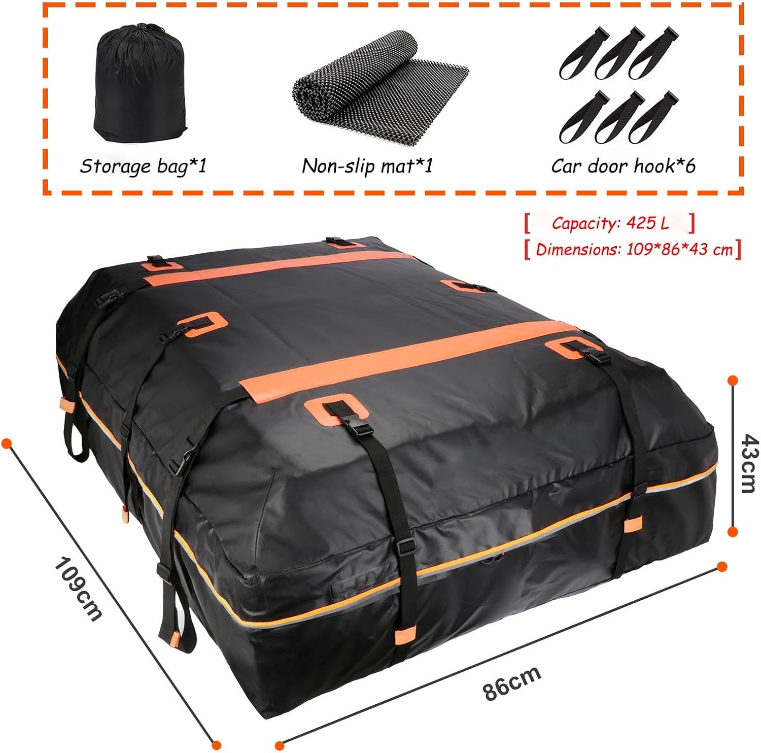 Car Roof Bag Top Cargo Carrier for Seat Leon ST FR Wagon 2020-2025, Water-Resistant Strong Fabric Cargo Bag with/Without Rack for Travel & Camping,425L/109 * 86 * 43cm-Black&Orange