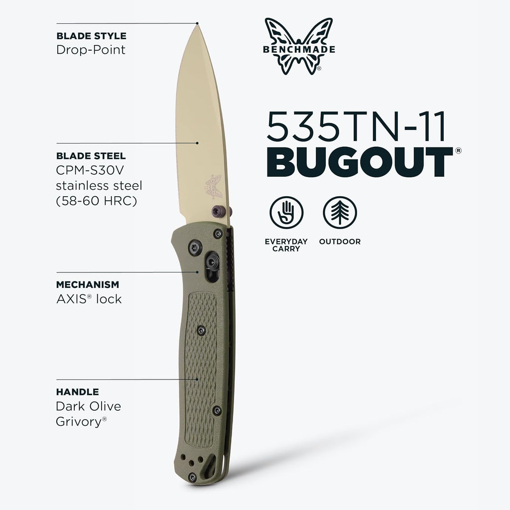 Benchmade - Bugout Outdoor EDC Folding Knife, Slim, Lightweight, Plain Edge, Drop-Point Blade, CPM-S30V Stainless Steel (58-60HRC), Grivory Handle (535TN-11)
