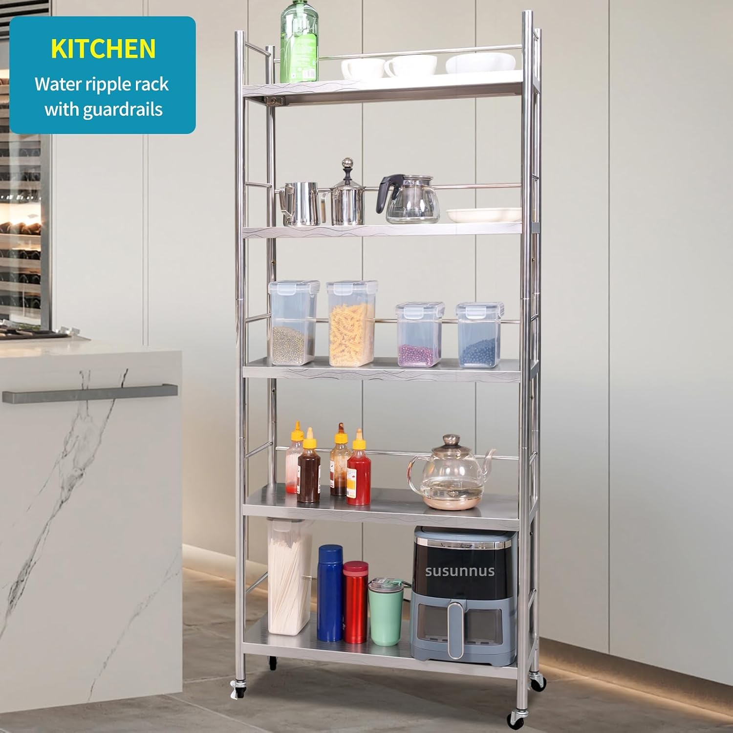 susunnus Stainless Steel Shelf,Shelves for Storage,Metal Kitchen,Garage Shelf,with Wheels,Rolling Shelves,Adjustable Height,Weight Capacity 440LB(27.6in*10.2in-5Twith guardrails)