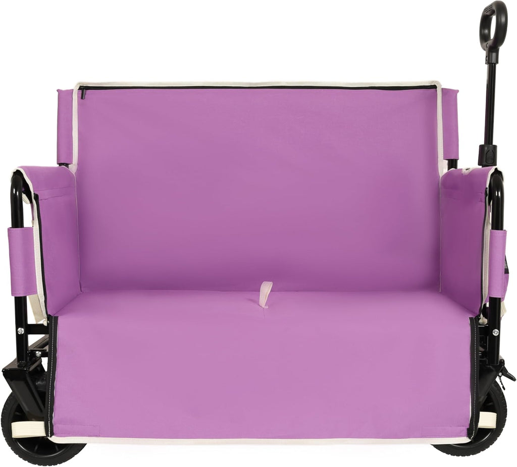 3-in-1 Heavy-Duty Folding Wagon Cart with Bench Seat & Storage – 500lbs Capacity, 180L All-Terrain Utility Cart for Camping, Beach, Sports, & Garden – Collapsible, Adjustable Handle (Purple)