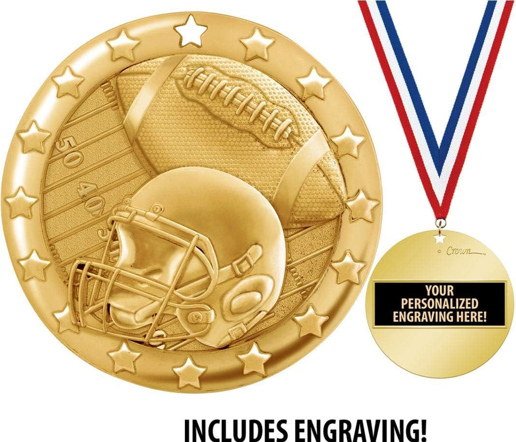 Crown Awards Football Medal, 2' Shiny Gold Football Medals for Kids with Free Custom Engraving