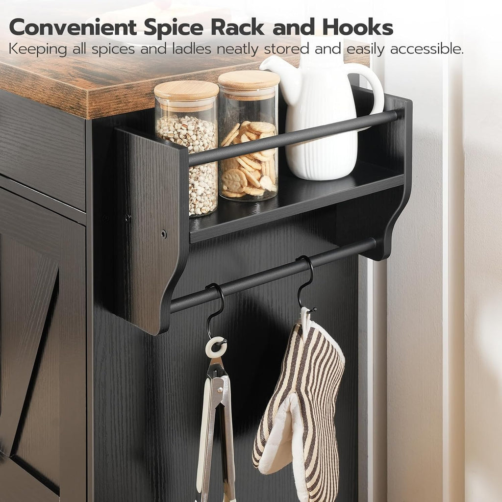 HOOBRO Kitchen Island with Power Outlet, Rolling Kitchen Island with Storage, Kitchen Island Cart with Spice Rack and Hooks, Island Table for Living Room, Rustic Brown and Black BF11UZD01
