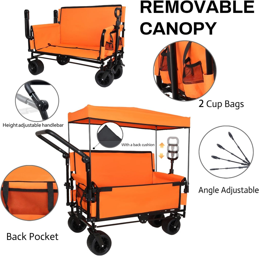 3-in-1 Folding Wagon Cart with Bench Seat & Canopy & Storage, 500lbs Heavy-Duty, 180L Capacity, All-Terrain Wagon for Camping, Beach, Sports, & Garden, Orange