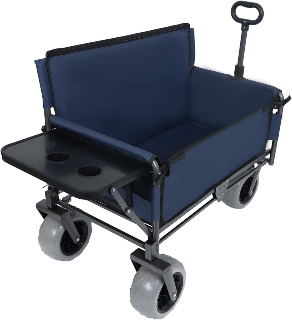 3-in-1 Folding Wagon with Bench Seat & Rear-Mounted Folding Tabletop – 500lbs Capacity, 9'x4' Beach Tires for Camping (Dark Blue)