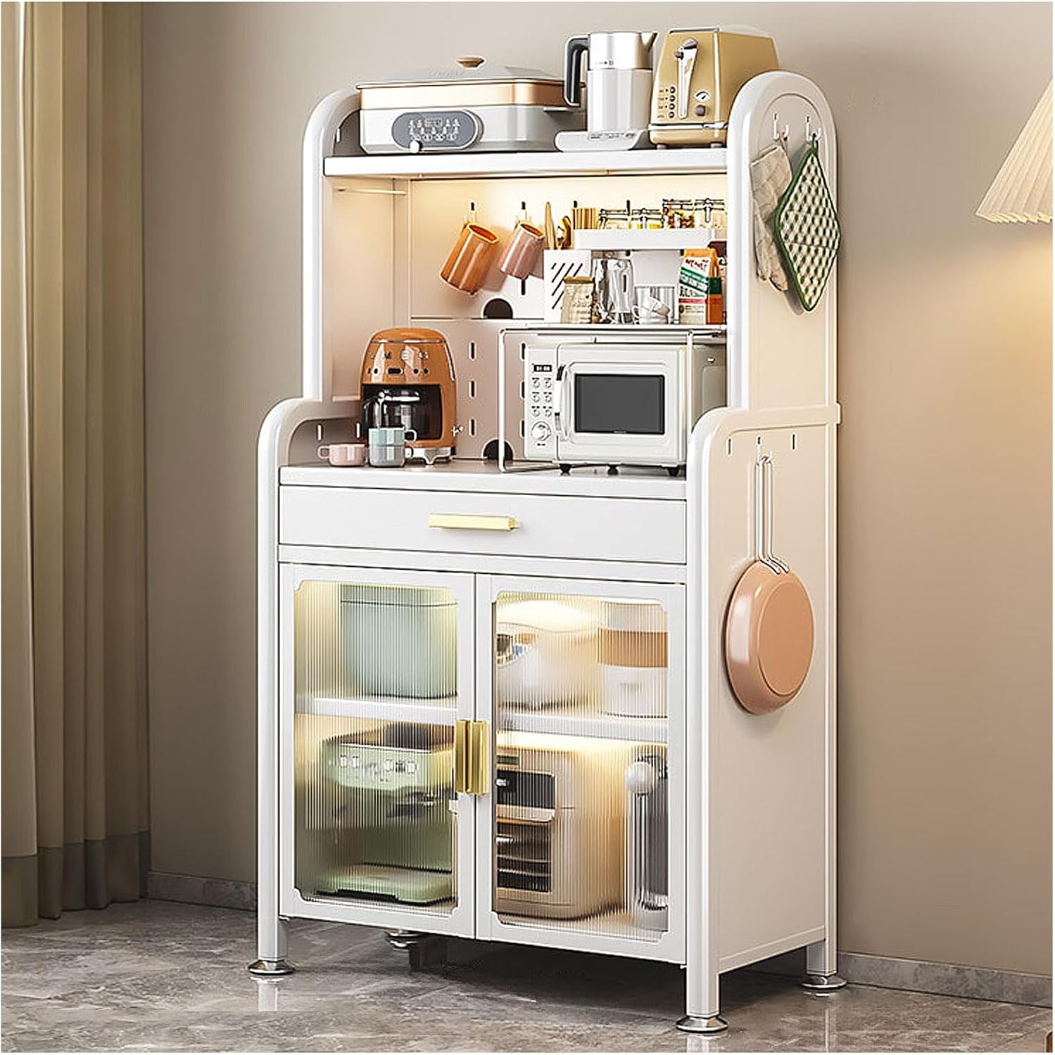 Baker's Racks for Kitchens with Drawer and Microwave Stand, 5 Tier Kitchen Storage Cabinet with Adjustable Shelf, Microwave Oven Shelf Cabinet for Kitchen Hutch,White,147.5×60cm/58×23.6in