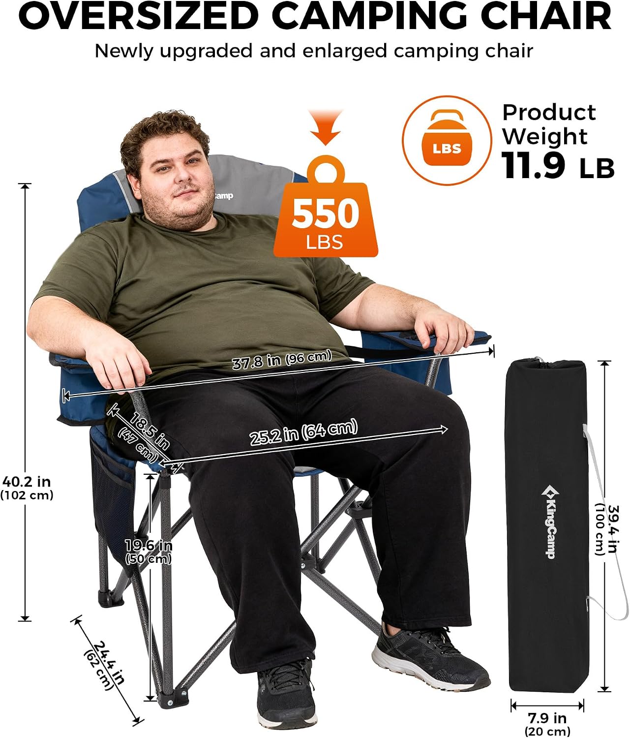 KingCamp Oversized Camping Chair with Adjustable Lumbar Support, 550lbs Heavy Duty Padded Folding Lawn Chair for Adults, Outdoor Armchair with Cooler Bag, Cup Holder & Side Pocket for Fishing, Travel