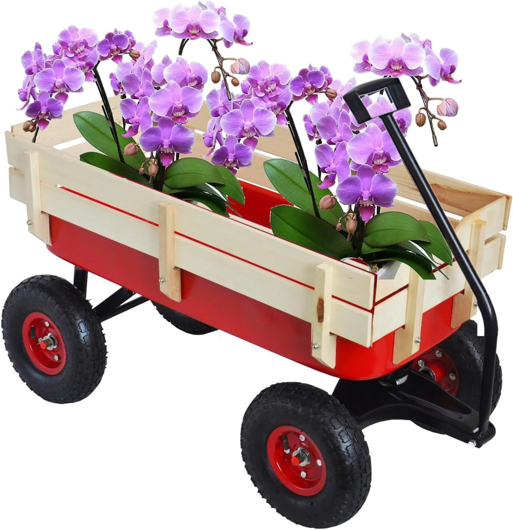 Outdoor Sport Wagon Tools cart Wooden Side Panels air Tires Wagon (red)