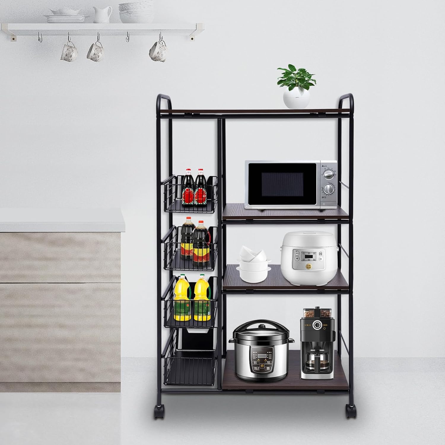 Rolling Microwave Cart,Inrial Metal Microwave Oven Stand,Kitchen Storage Rack,Cart,Serving Cart,Push-Pull Drawers,Bakers Rack,Kitchen Storage Cart,Storage Basket,for Pantry Bathroom Office Living Room