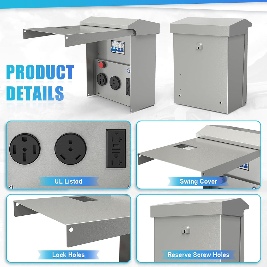 RV Outlet Box with Lighting System Current Indicator 50/30/20 Amp Trailer RV Accessories Electrical Temporary Power Panel Small Metal Sub Breaker Box Waterproof Outdoor Receptacle Camper Home Upgrades