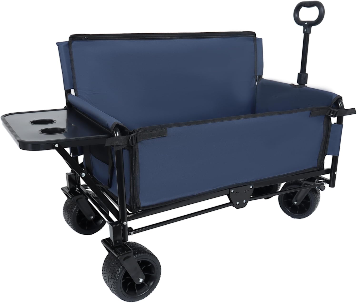 3-in-1 Heavy-Duty Folding Wagon Cart with 500lbs Capacity, All-Terrain Wheels, Rear Folding Tabletop & Bench Seat – Perfect for Camping, Beach, Sports, Garden & Grocery Hauling (Dark Blue)