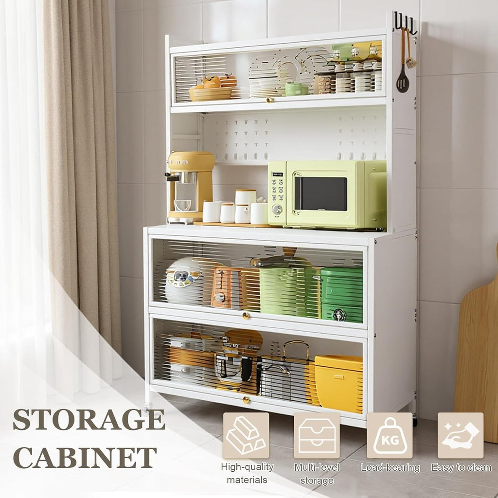 5 Tier Rolling Kitchen Bakers Rack with Locker Hole Board, 63.98x39.37x15.75inch Kitchen Pantry Cabinet Storage with Wheels Hooks, Farmhouse Coffee Bar Cabinet with Drawer Barn Doors