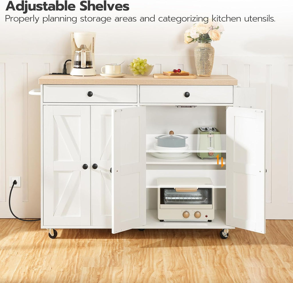 HOOBRO Kitchen Island with Power Outlet, Rolling Kitchen Island with Storage, Kitchen Island Cart with Spice Rack and Hooks, for Dining, Living Room, White and Natural WN11UZD01