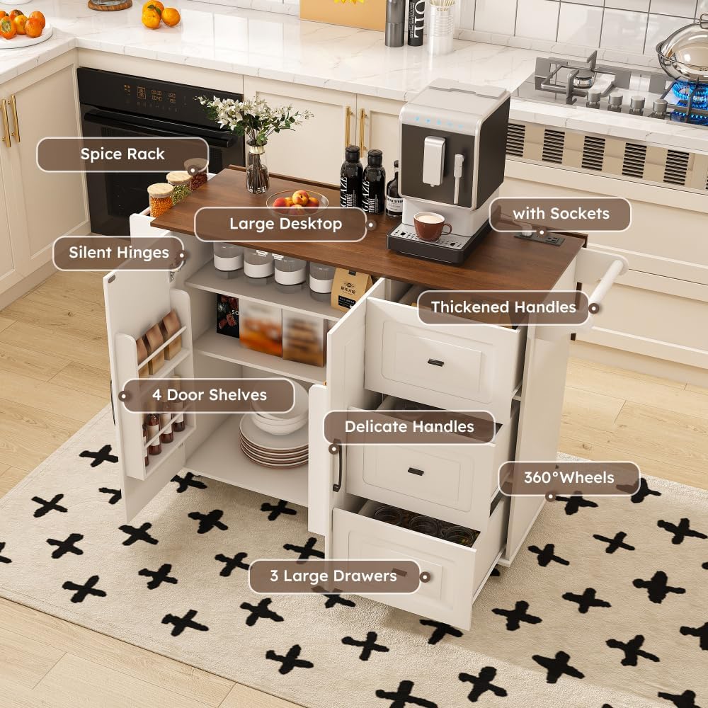 Space-Saving Drop-Leaf Kitchen Island Cart – Foldable Tabletop, 3 Drawers & Adjustable Shelves | Mobile Breakfast Bar with Locking Casters – Works as Baker's Rack, Microwave Stand or Workstation