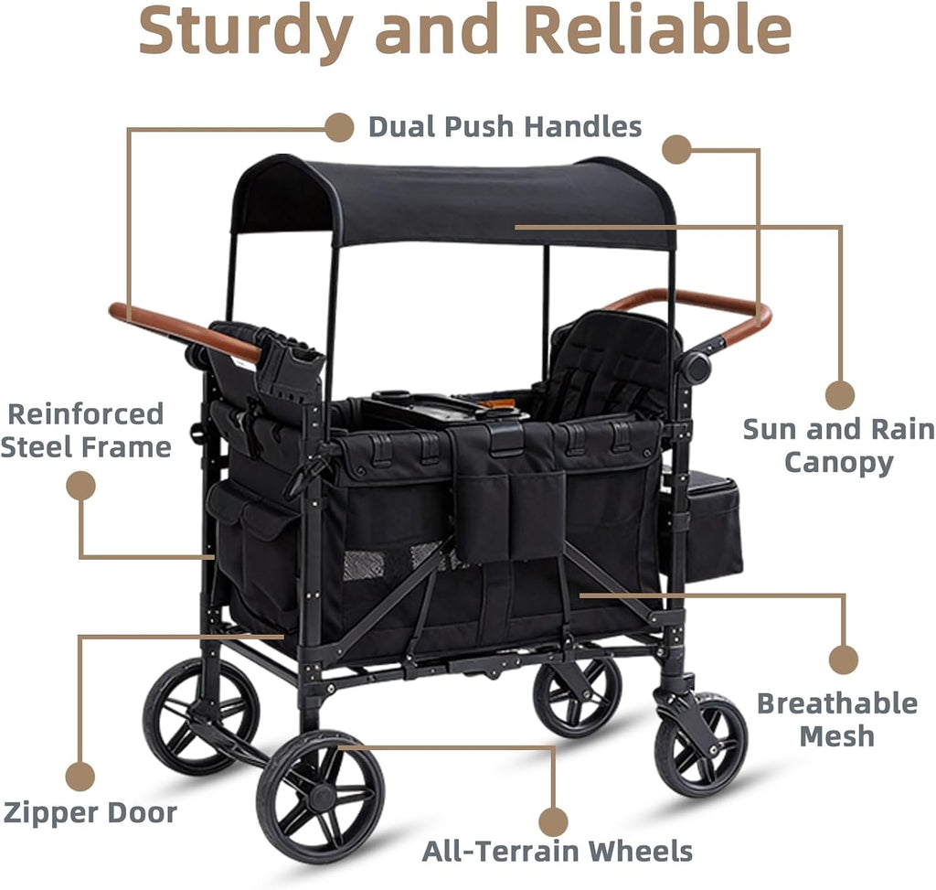 Stroller Wagon for 4 Kids, 4 Seater Wagon Stroller with Snack Tray, Large Storage Bag, Phone Cup Holder, Removable Canopy, Foldable Wagon Stroller 4 Seater with Adjustable Push Handles (Deep Black)