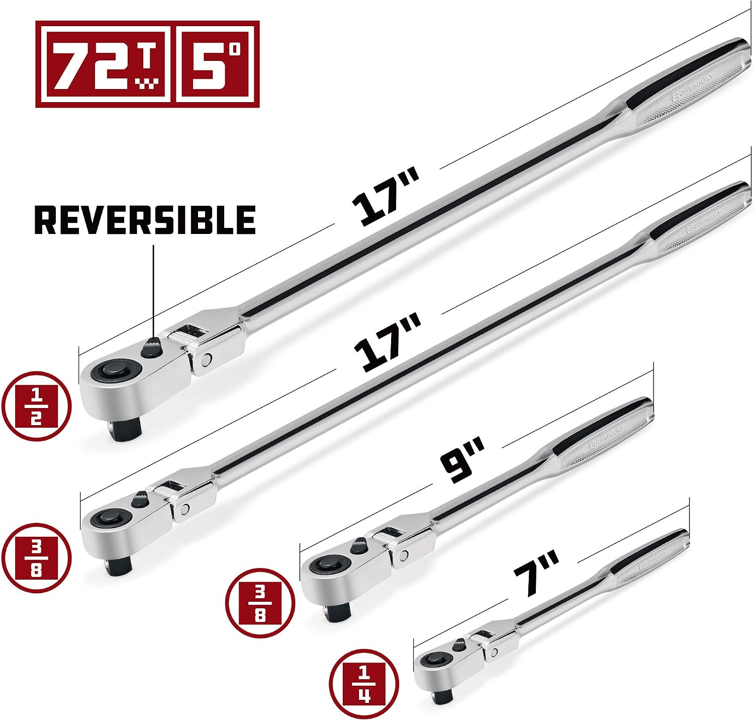 Powerbuilt 4 Piece Pro Tech Long Reach Flex Head Ratchet Set, 72-Tooth, 180° Flex Head, Contoured Grip Handles, 1/4' Dr. x 7', 3/8' Dr. x 9' & 17', 1/2' Dr. x 17' - 240238