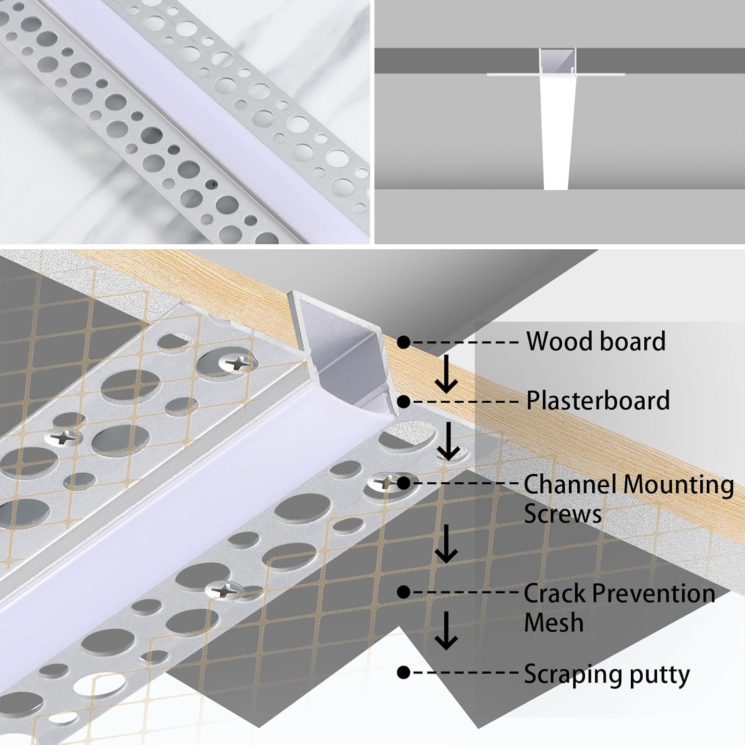 10 Pack Plaster-in LED Channel 6.6FT/2M Recessed Drywall Aluminum Strip Lighting Track with White Diffuser for Light Tape Mounting Profile