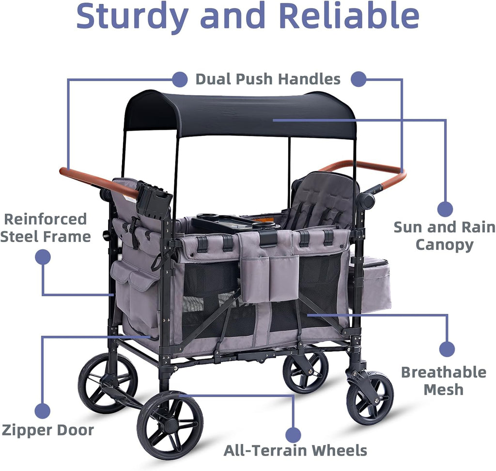 Stroller Wagon for 4 Kids, 4 Seater Wagon Stroller with Snack Tray, Large Storage Bag, Phone Cup Holder, Removable Canopy, Foldable Wagon Stroller 4 Seater with Adjustable Push Handles (Grey)