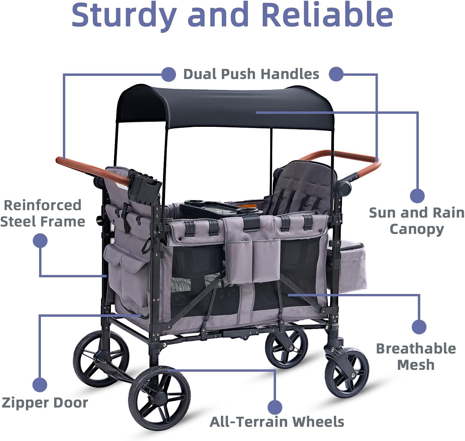 Stroller Wagon for 4 Kids, 4 Seater Wagon Stroller with Snack Tray, Large Storage Bag, Phone Cup Holder, Removable Canopy, Foldable Wagon Stroller 4 Seater with Adjustable Push Handles (Grey)