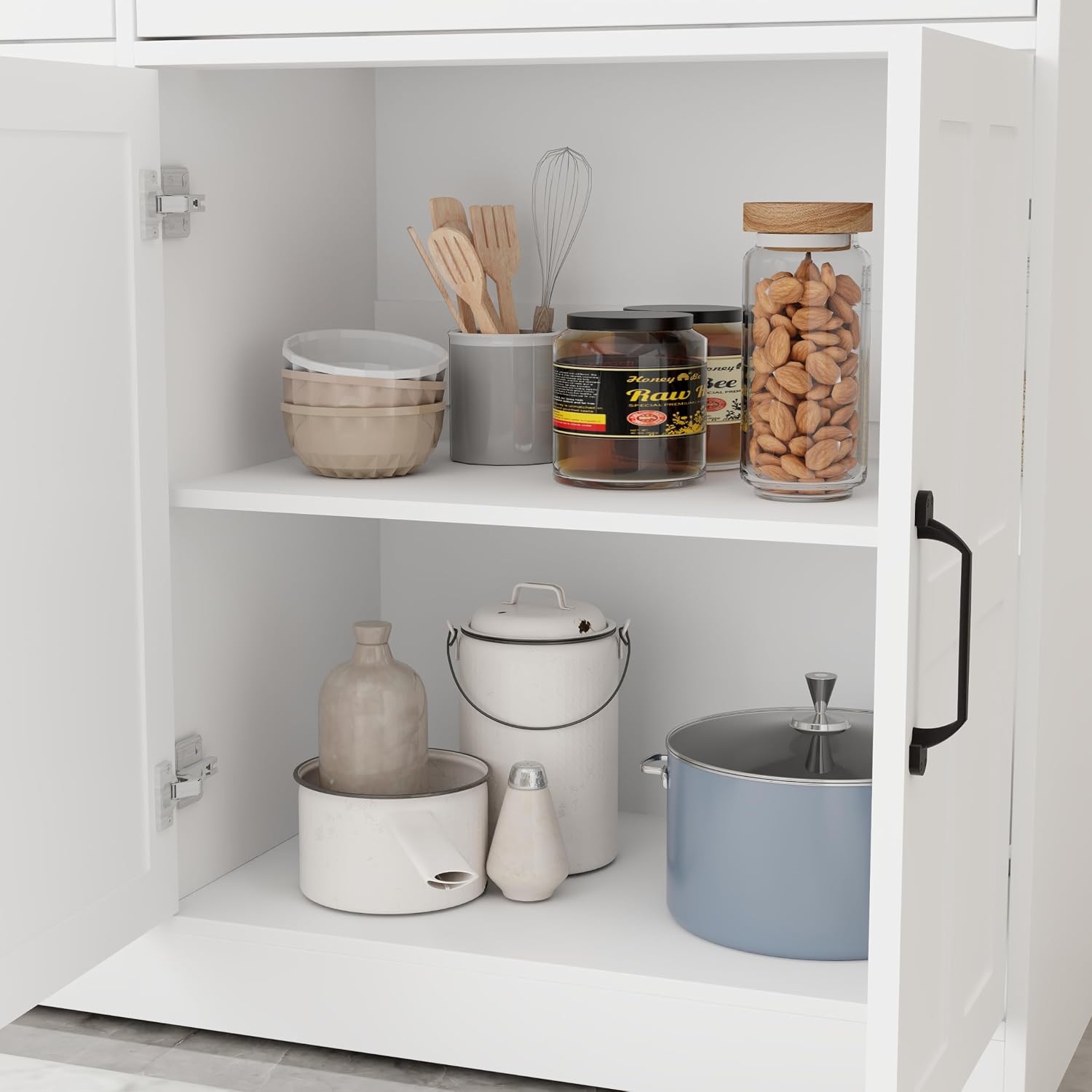 48' E1 MDF 3-Coat Paint Freestanding Storage Cabinet, Kitchen Storage Bakers Rack with Anti-tip Design, Utility Food Cupboard for Home Spaces, White