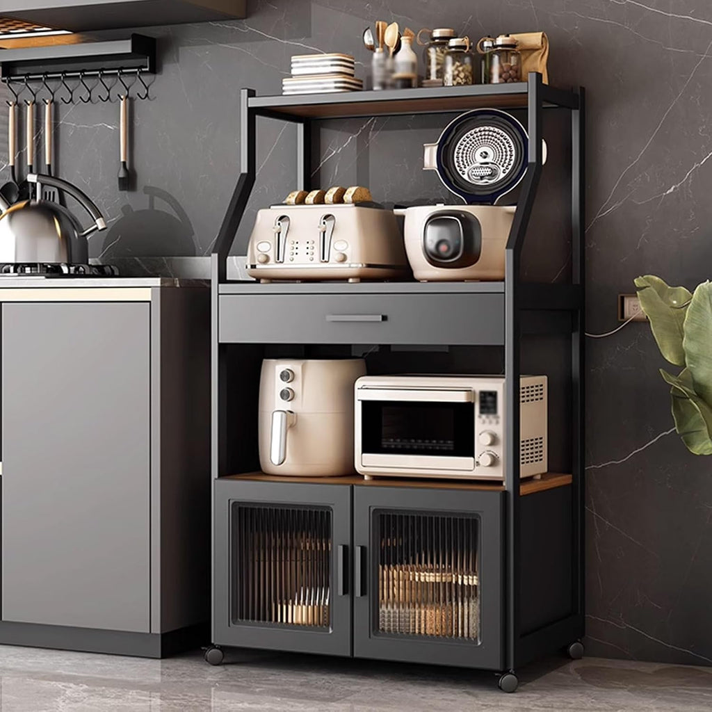 Kitchen Storage Shelves with Drawers and Storage Cabinets, Kitchen Bakers Rack with Universal Wheels, Heavy Duty Microwave Stand for Living Room, Office, Study