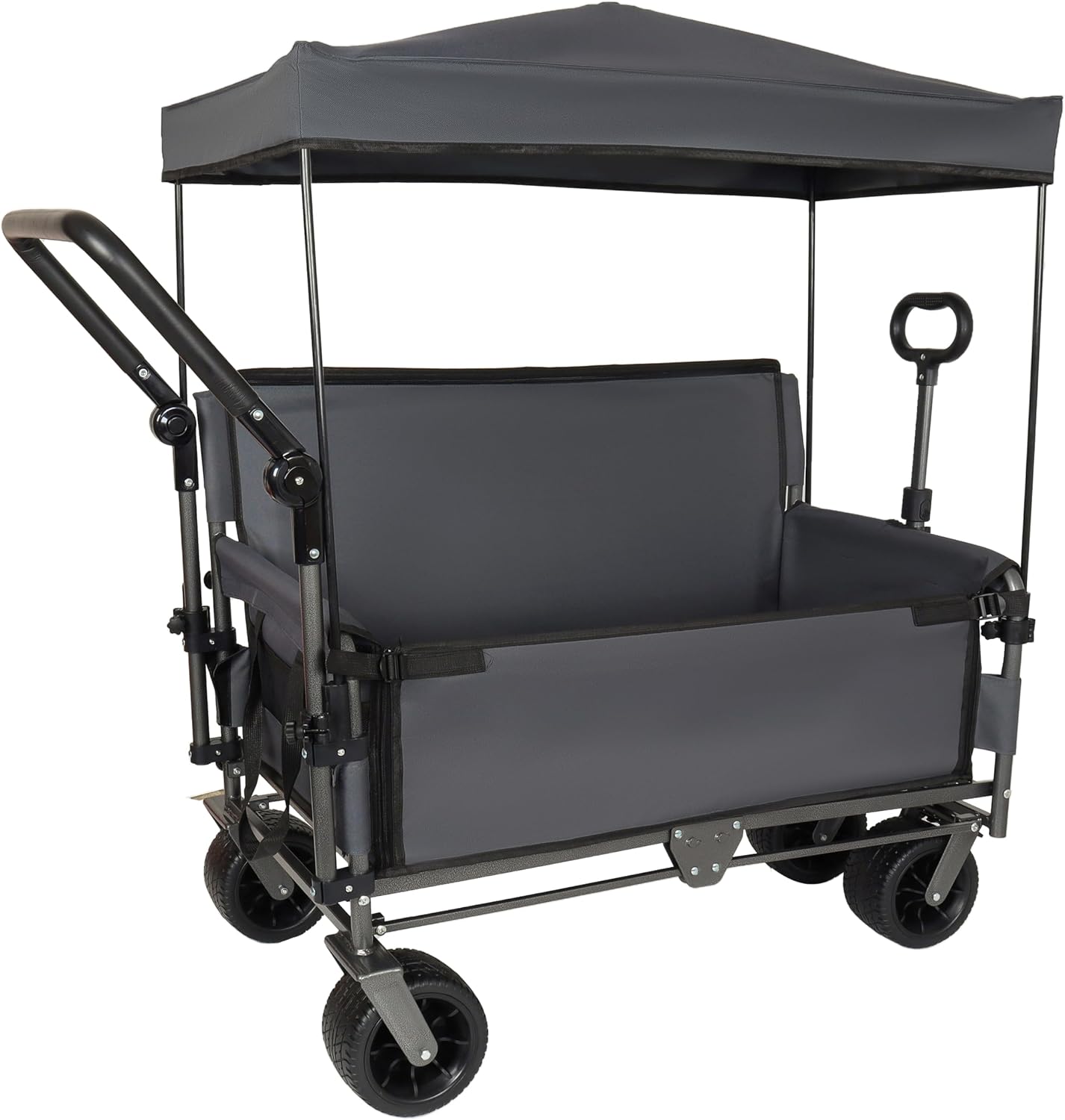 3 in 1 Folding Wagon Cart with Bench Seat Canopy Storage, 500lbs Heavy Duty, 180L Capacity, All Terrain Wagon for Camping, Beach, Sports, Garden, Gray