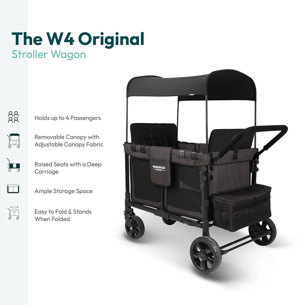 WonderFold W4 Original Stroller Wagon - Foldable Wagon with 5 Point Harness - Adjustable Canopy & Deep Carriage - All-Terrain Wheels - for Babies, Toddlers & Kids - 4 Seater - Black