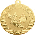 50 Pack of 2 inch Diameter Die-Stamped Solid Metal Track Gold Medals with Red White and Blue Neck Ribbons.