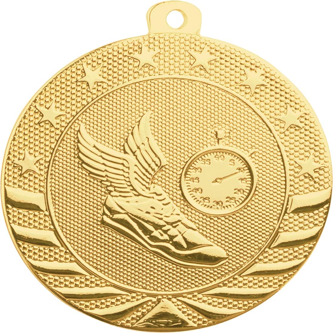 50 Pack of 2 inch Diameter Die-Stamped Solid Metal Track Gold Medals with Red White and Blue Neck Ribbons.
