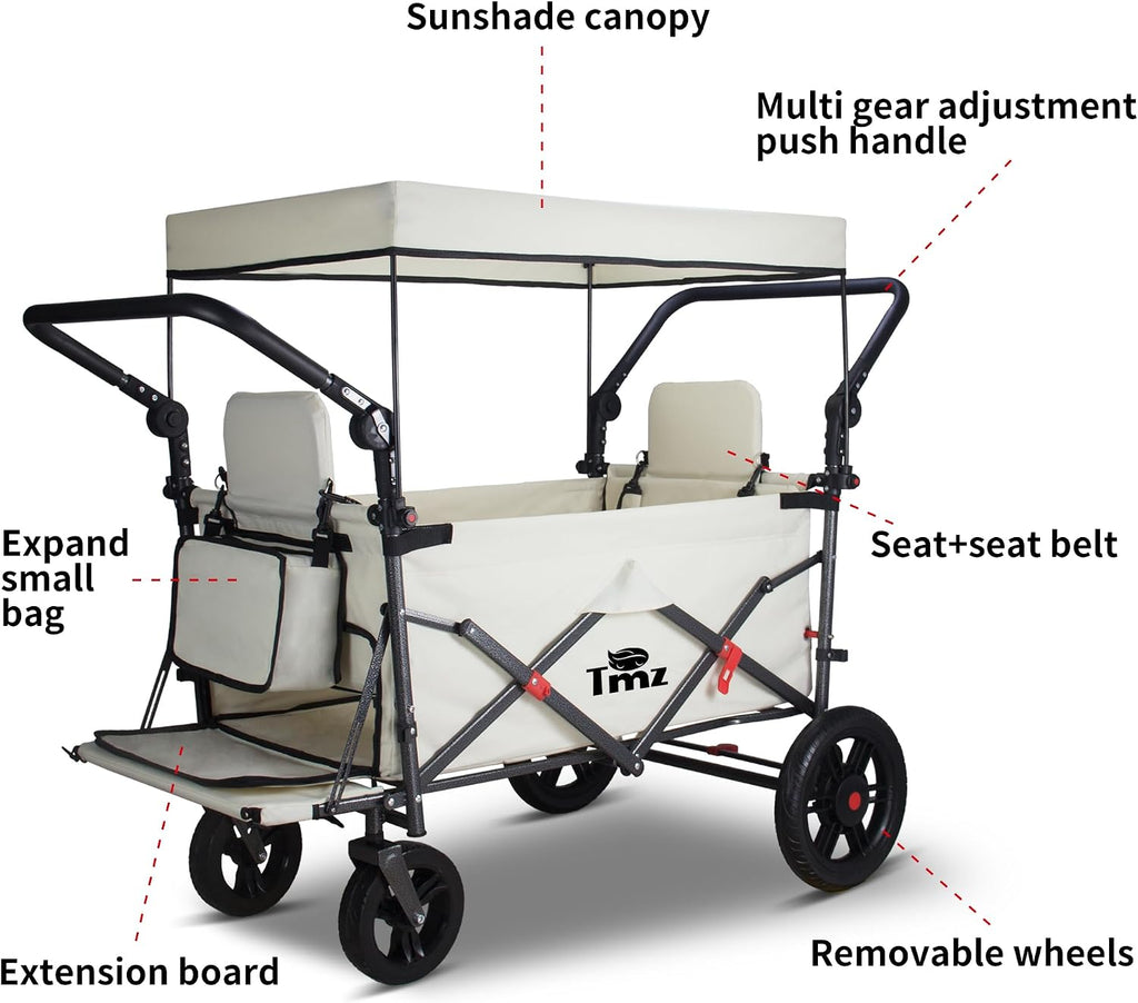 TMZ Collapsible Wagon with 2 Foldable Seats, Folding Wagon with Canopy, Multi Functional Cart with Adjustable Handle Bar, Front Expandable for Transport Camping (Beige)